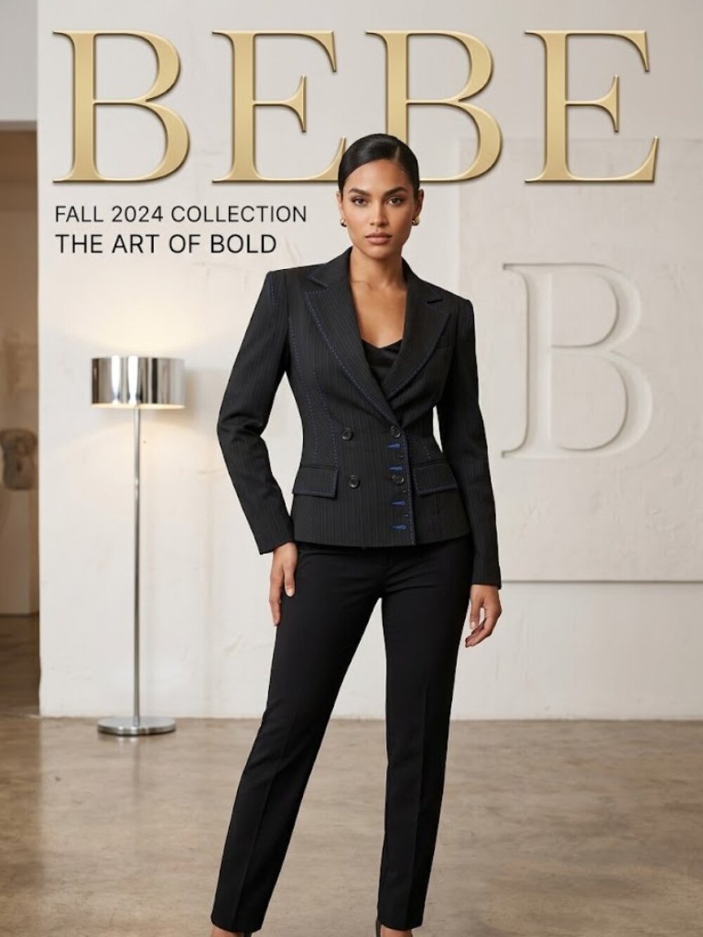 Bebe NEW Double-Breasted Pinstripe Black Blue Contrast Pick Stitching Blazer 6